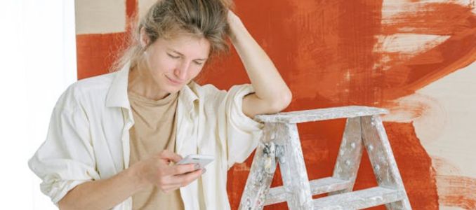 A woman standing next to a stepladder using her phone