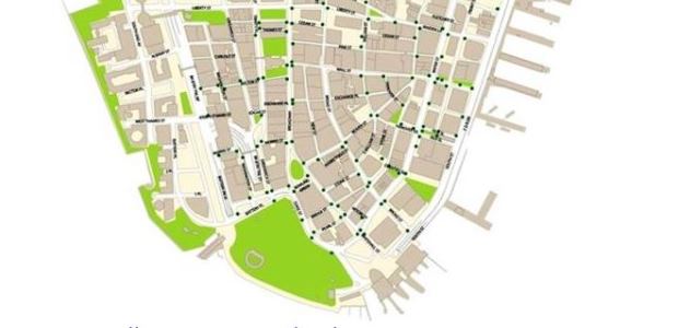 Green areas on this map show some of the areas of Lower Manhattan where the BigBelly Solar waste bins are located. (BigBelly Solar graphic)
